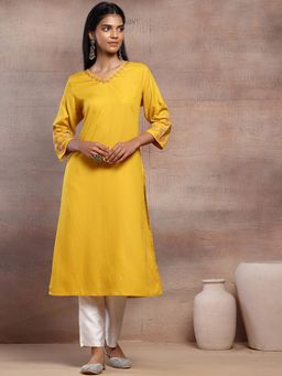 Indya - Mustard Thread Embroidered Rayon Kurta