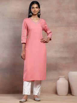 Indya - Pink Embroidered Neck Rayon Lurex Kurta