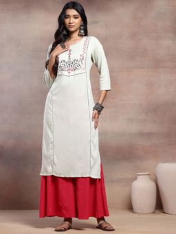 Indya - Sage Green Floral Thread Embroidered Rayon Kurta