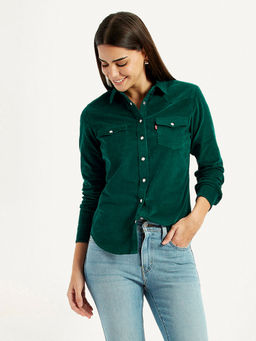 Levi's - Women Textured Dark-Green Spread Collar Shirt