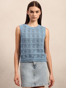 VERO MODA - Blue Round Neck Knitted Sleeveless Pullover