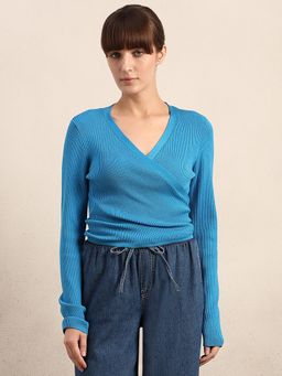 VERO MODA - Blue Ribbed Wrap Knit Sweater
