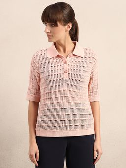 VERO MODA - Pink Textured Knitted Polo T-shirt