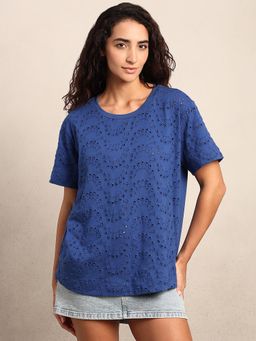 VERO MODA - Navy Blue Schiffli Cotton T-shirt