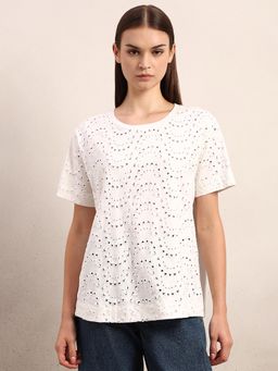VERO MODA - White Schiffli Cotton T-shirt
