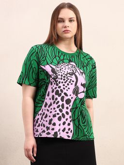 VERO MODA - CURVE Green Leopard Print Cotton T-shirt