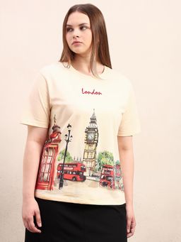 VERO MODA - CURVE Beige London Cityscape Printed T-shirt