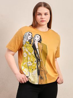 VERO MODA - CURVE Mustard Printed Cotton T-shirt