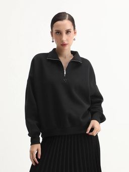 RAREISM - Women Ario Black Spread Collar Relaxed Fit Sweatshirt