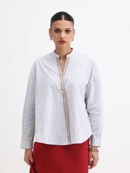 RAREISM - Women Buqo Light Blue Mandarin Collar Regular Fit Shirt