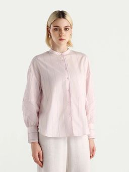 RAREISM - Women Buvo Pastel Pink Mandarin Collar Boxy Fit Shirt
