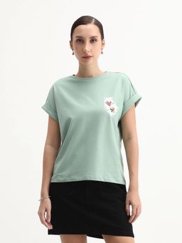 RAREISM - Women Cerd Light Green Crew Neck Relaxed Fit Graphic Print T-Shirt