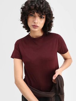 RAREISM - Women Clive Dark Maroon Crew Neck Regular Fit T-Shirt