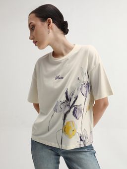 RAREISM - Women Dewn Off White Crew Neck Relaxed Fit T-Shirt