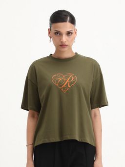 RAREISM - Women Fer Dark Olive Crew Neck Relaxed Fit T-Shirt