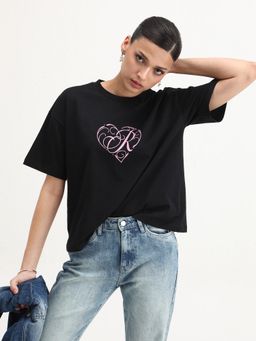 RAREISM - Women Fer Black Crew Neck Relaxed Fit T-Shirt