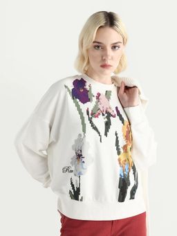RAREISM - Women Fez Off White Crew Neck Relaxed Fit Floral Print Sweatshirt