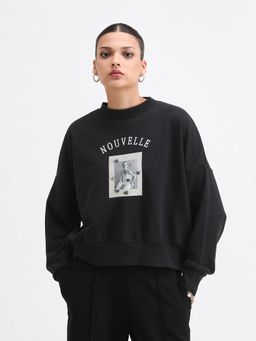 RAREISM - Women Flen Black Crew Neck Oversized Fit Graphic Print Sweatshirt
