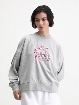 RAREISM - Women Flor Light Grey Crew Neck Relaxed Fit Embroidered Sweatshirt