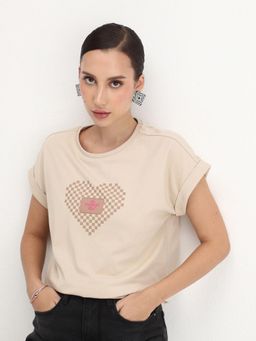 RAREISM - Women Hamo Beige Crew Neck Relaxed Fit T-Shirt