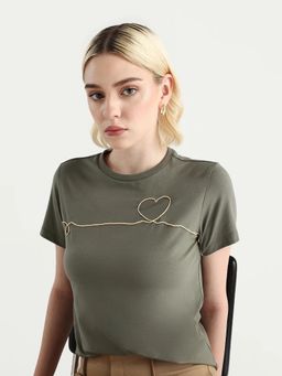 RAREISM - Women Keyf Dusky Green Crew Neck Regular Fit T-Shirt