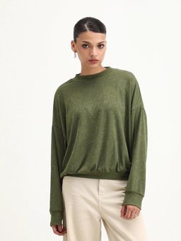 RAREISM - Women Lent Olive Crew Neck Oversized Fit Jacquard Sweatshirt
