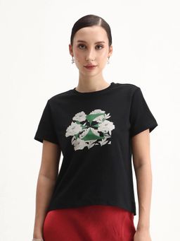 RAREISM - Women Leyk Black Crew Neck Relaxed Fit Floral Print T-Shirt