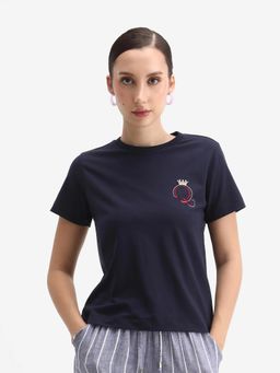 RAREISM - Women Mer Navy Blue Crew Neck Regular Fit Printed T-Shirt