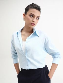 RAREISM - Women Nenora Light Blue Linen Spread Collar Boxy Fit Shirt