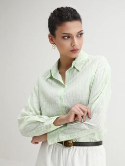RAREISM - Women Nenora Light Green Linen Spread Collar Boxy Fit Shirt