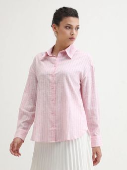 RAREISM - Women Nenora Light Pink Linen Spread Collar Boxy Fit Shirt
