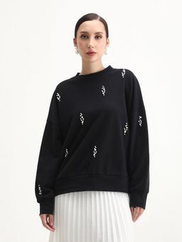 RAREISM - Women Perl Black Crew Neck Relaxed Fit Sweatshirt