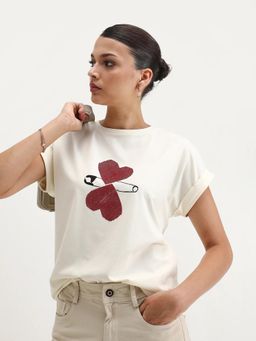 RAREISM - Women Reve Off White Crew Neck Relaxed Fit T-Shirt