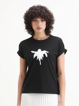 RAREISM - Women Roil Black Crew Neck Relaxed Fit T-Shirt