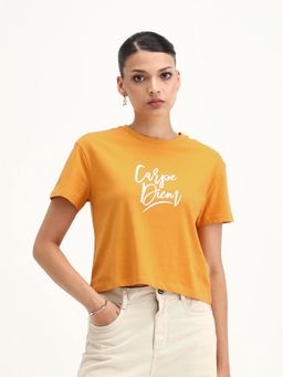 RAREISM - Women Ronfel-R Mustard Regular Typography Print T-Shirt