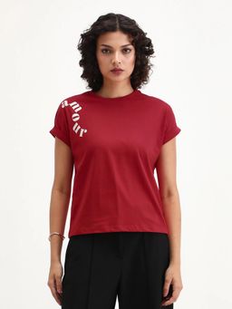 RAREISM - Women Somvet-R Red Cotton Regular Typography Print T-Shirt