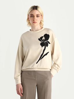 RAREISM - Women Swer Light Beige Crew Neck Relaxed Fit Sweatshirt