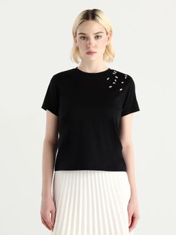 RAREISM - Women Twen Black Crew Neck Regular Fit Solid T-Shirt