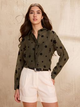 U.S. POLO ASSN. - Green Semi-Sheer Floral Flock Shirt