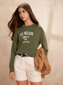 U.S. POLO ASSN. - Green Brand Printed Regular Fit Sweater