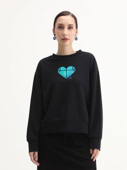 RAREISM - Women Vaq Black Crew Neck Relaxed Fit Graphic Print Sweatshirt