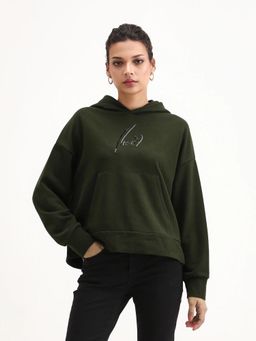 RAREISM - Women Xan Dark Olive Hooded Relaxed Fit Printed Hoodie