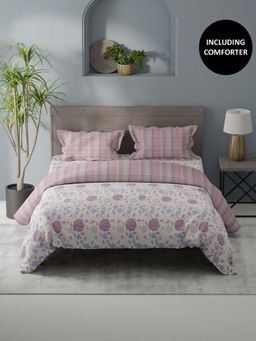KOPA - Comforter with Bedsheet and Pillow Covers for Ac Room Floral-White & Lilac (Queen)