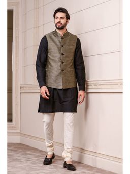 TASVA - Men Black Polyester Geometric Jacket with Kurta and Churidar