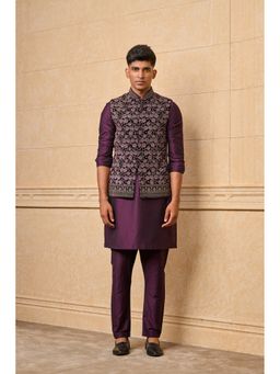 TASVA - Men Wine Polyester Floral Jacket with Kurta and Pyjama