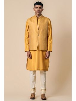 TASVA - Men Yellow Polyester Geometric Jacket with Kurta and Churidar