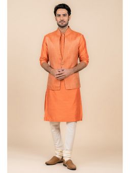 TASVA - Men Orange Polyester Geometric Jacket with Kurta and Churidar