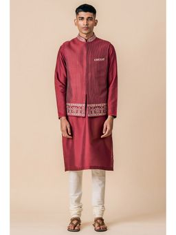 TASVA - Men Wine Viscose Blend Geometric Jacket with Kurta and Churidar