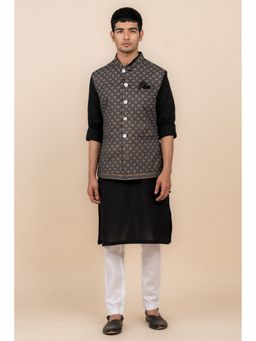 TASVA - Men Black Cotton Abstract Jacket with Kurta and Churidar