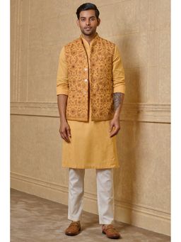 TASVA - Men Yellow Cotton Floral Jacket with Kurta and Churidar
